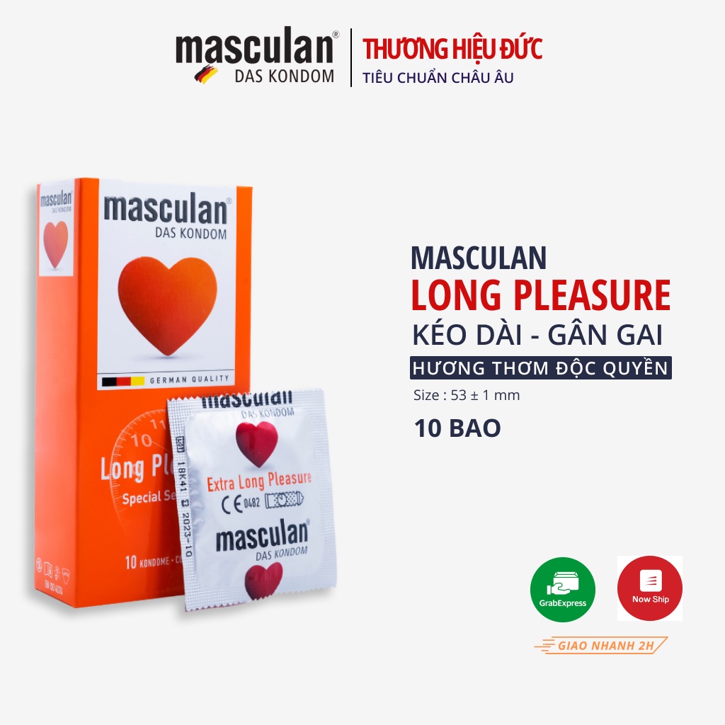 Bao cao su kéo dài thời gian có gân và chấm hạt Masculan Long Pleasure - Hộp 10 bao