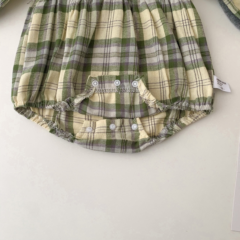 Bộ Áo Liền Quần Tay Dài Vải Cotton Họa Tiết Sọc Caro Thời Trang Mùa Thu Cho Bé Gái