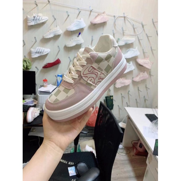 Giày thể thao, sneaker nữ hàng đẹp họa tiết caro phối màu siêu xinh đế bánh mì tăng chiều cao