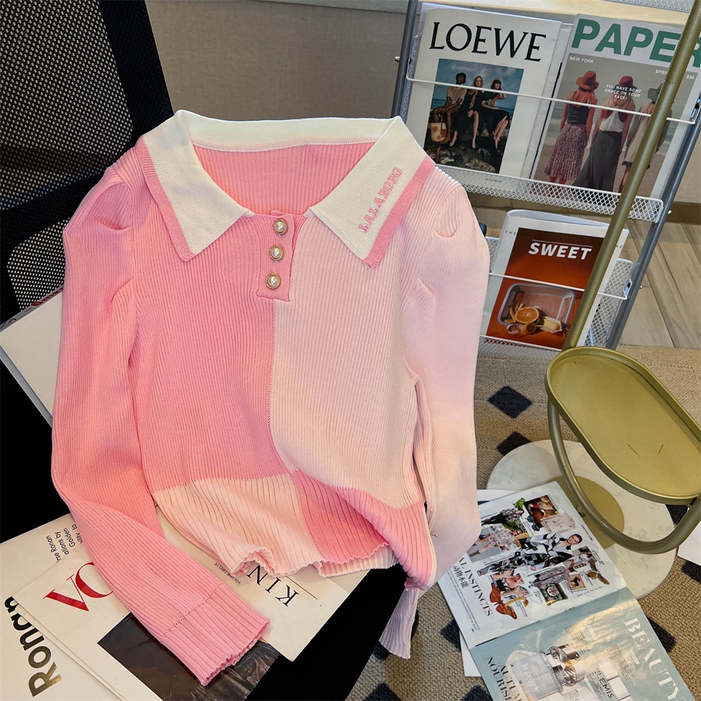 Áo len ZHELIHANGFEI cổ polo tay phồng dễ phối đồ hợp thời trang