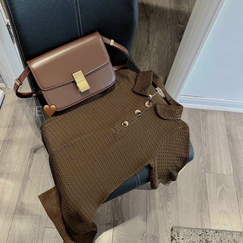 Váy body nâu cô bẻ đầm dáng dài chất tăm co giãn tốt-Minxy shop