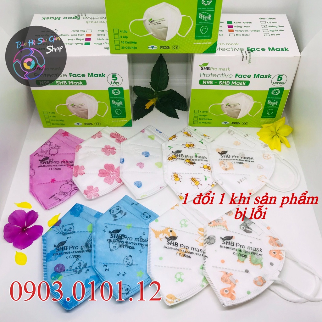 Khẩu trang n95 trẻ em SHB pro mask chính hãng, Kn95 cho bé cao cấp chuẩn FFP2 (hộp 20 cái)