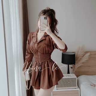 Sét bộ cổ sơmi dây kéo tay dài nhún eo