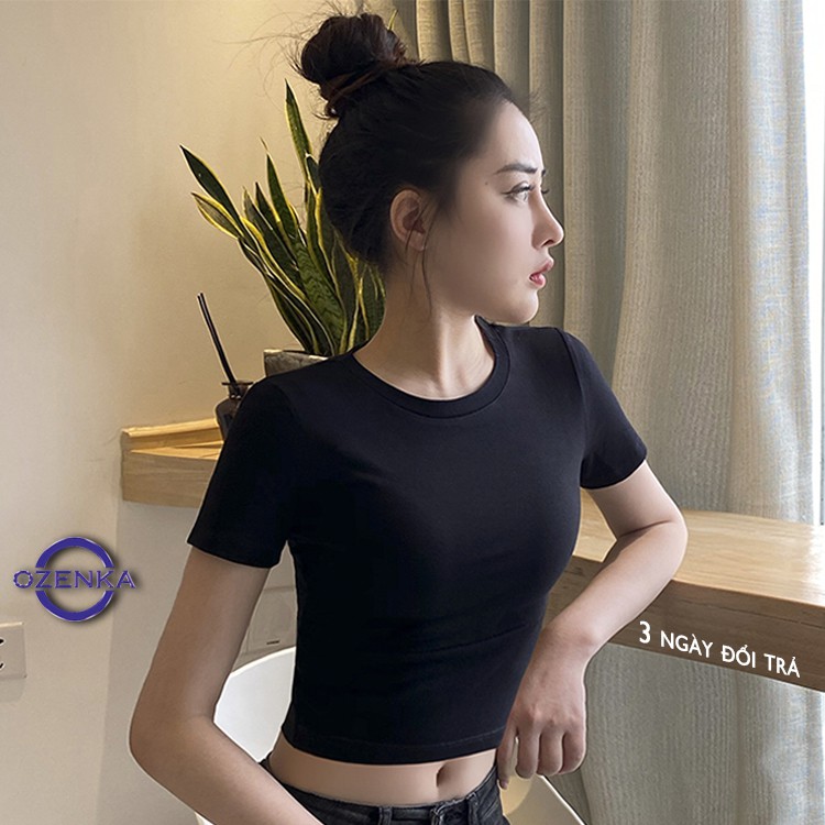 Áo croptop ôm nữ trắng đen 100% cotton OZENKA , áo crt thun gân body đẹp basic sang chảnh freesize dưới 50 kg