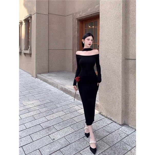 Đầm len nữ body ôm sát dáng dài trễ vai, đầm ôm body gợi cảm