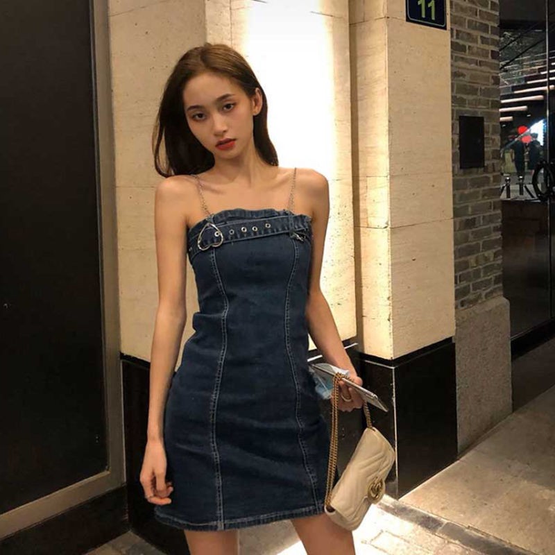 Đầm Denim Hở Vai Phong Cách Retro Pháp Thời Trang Xuân Thu 2021 Mới