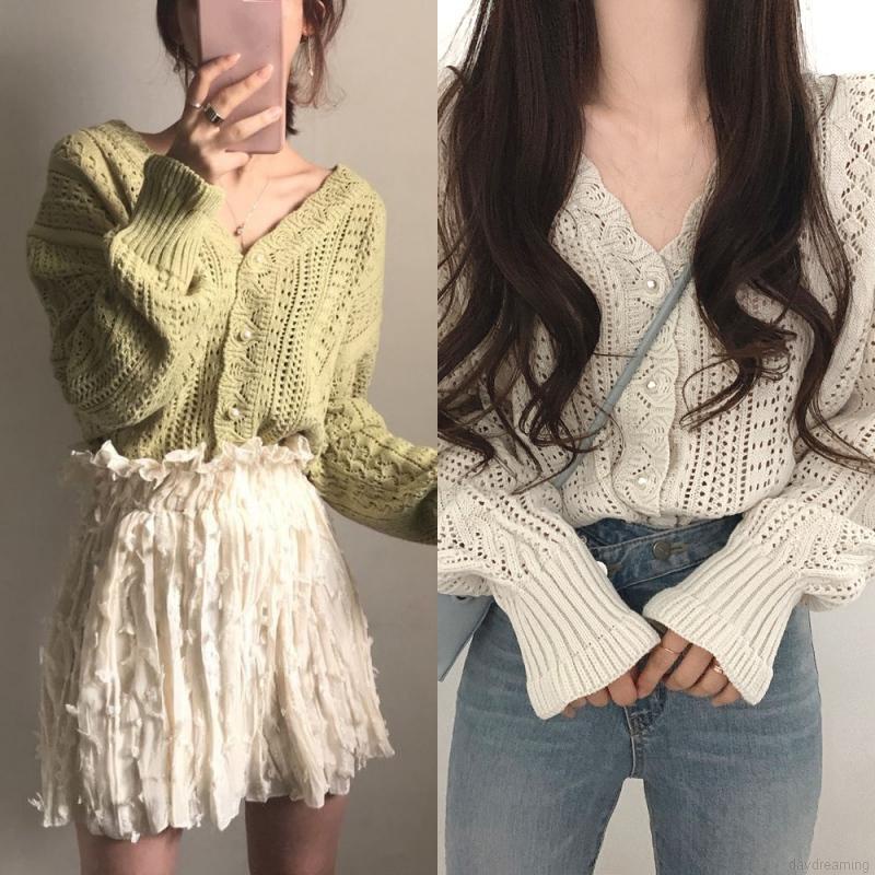Áo khoác cardigan tay dài cổ chữ V phối nút thời trang cho nữ