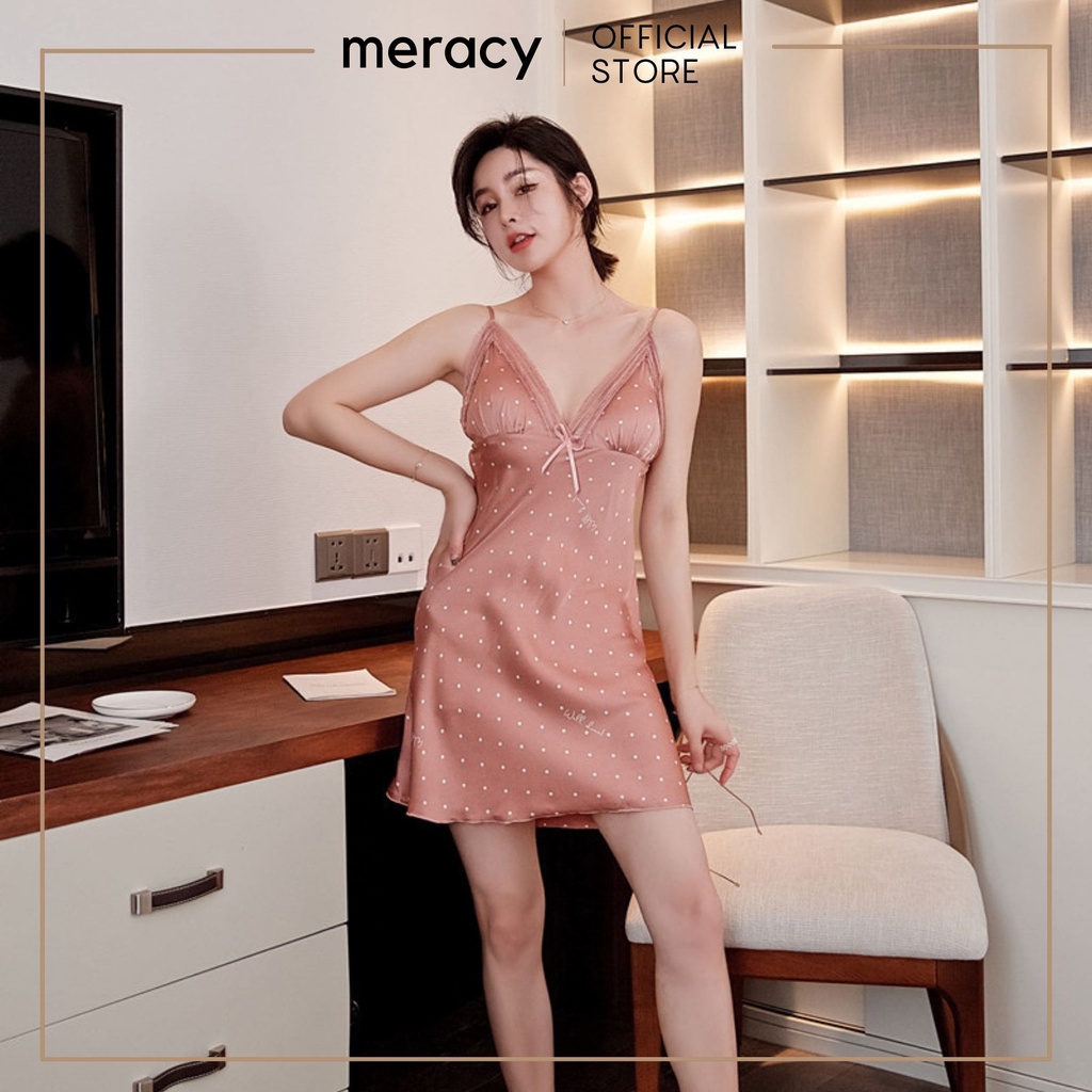 Đầm ngủ 2 dây ⚡SIÊU SEXY ⚡Đầm ngủ 2 dây satin nữ ,váy ngủ lụa hai dây có mút ngực, họa tiết chấm bi gợi cảmMeracy