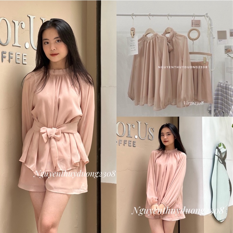[HÀNG SẴN]SET ÁO TƠ MIX SOOC KÈM ĐAI”AURORA” tiểu thư