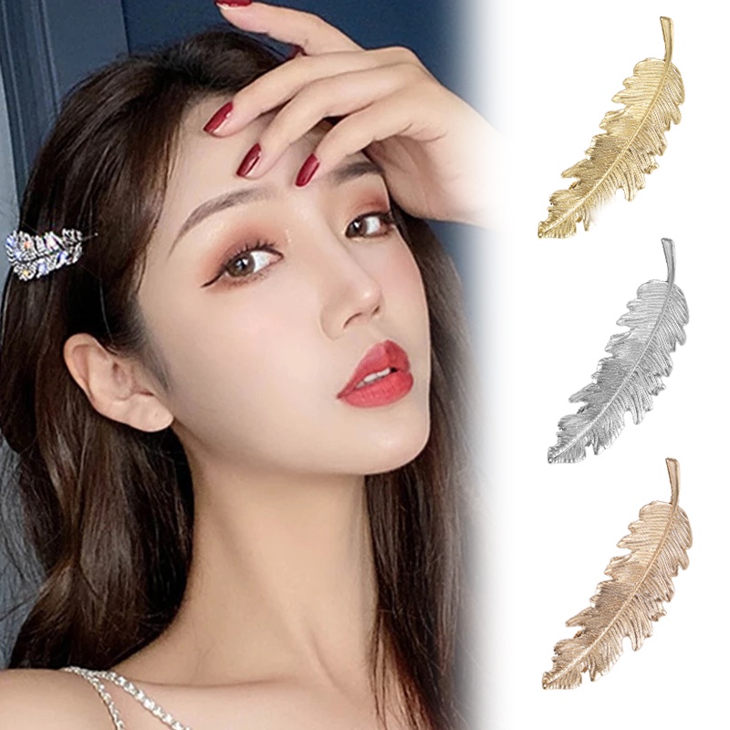 Kẹp Tóc Hình Lông Vũ Màu Vàng/Bạc Đơn Giản Bằng Hợp Kim Dành Cho Nữ