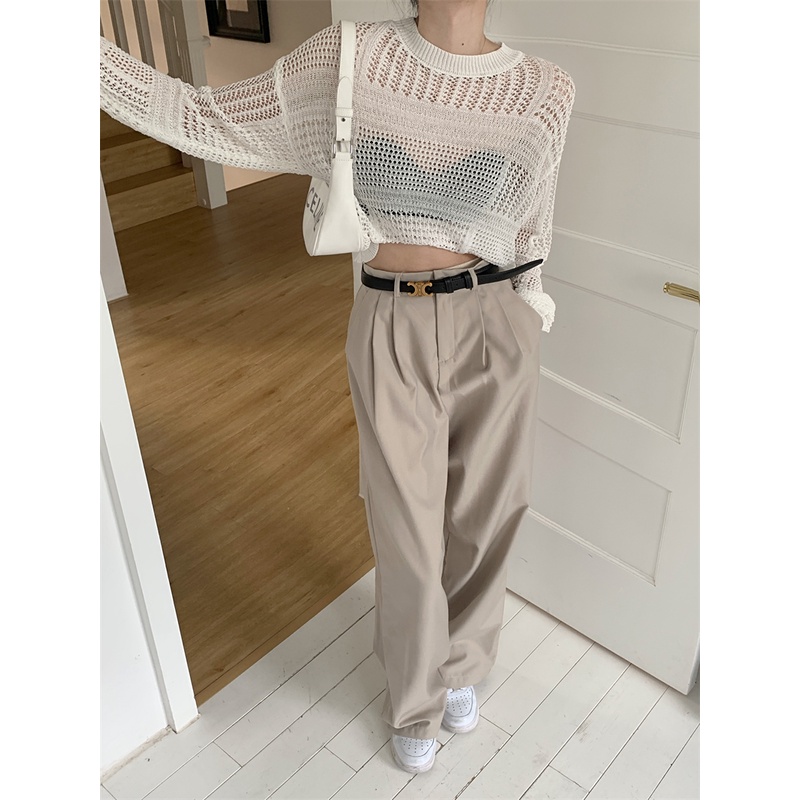 QKOOLE  Áo Croptop Dệt Kim Tay Dài Cổ Tròn Phong Cách Hàn Quốc Cổ Điển Thời Trang Cho Nữ