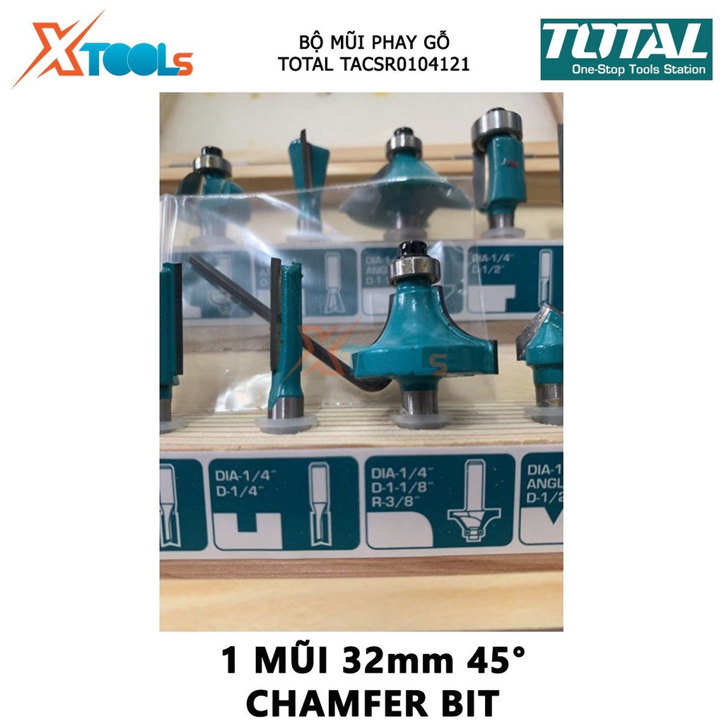 Bộ mũi phay gỗ TOTAL bộ 12 mũi phay soi gỗ Đường kính mũi từ 1/4&quot;(6.3mm)-1/2&quot; (12.7 mm), Gồm 3 mũi thẳng 6mm, 12mm, 16mm