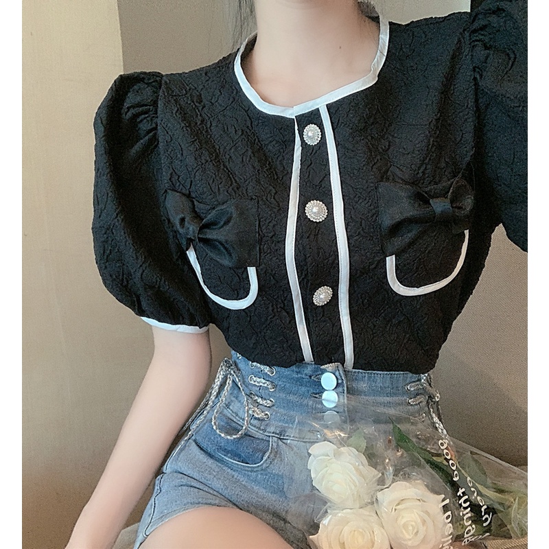 Retro Contrast Color Bow Puff Sleeve Shirt Women+Design Sense High Waist with Straps Denim Shorts Super Popular Suit Summer WTEM