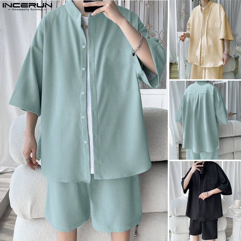 Bộ đồ INCERUN gồm áo sơ mi và quần short dáng rộng thời trang cho nam