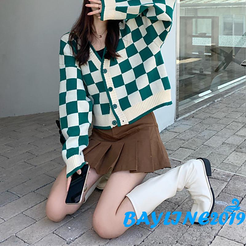 Áo khoác cardigan dệt kim cổ chữ v tay dài dáng rộng in họa tiết kẻ ô màu xanh lá/đen