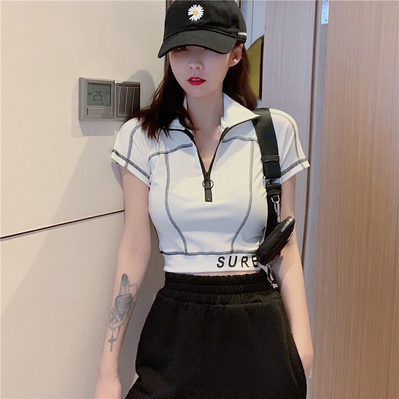 Áo Thun Đen Ngắn Tay Cổ Polo Phối Khóa Kéo Eo Cao Thời Trang Mùa Hè Dành Cho Nữ