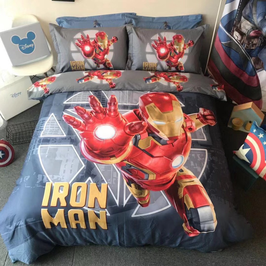 Bộ chăn ga siêu anh hùng Marvel Captain America, Iron man, Spider man 100% cotton cao cấp - Hàng xuất khẩu