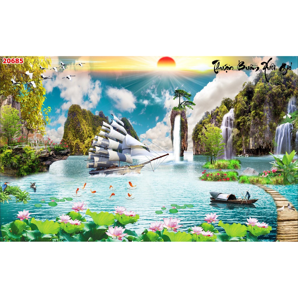 Tranh dán tường 3d phong cảnh thiên nhiên trang trí phòng khách chất liệu decal pp keo sẵn bóc dán atk2