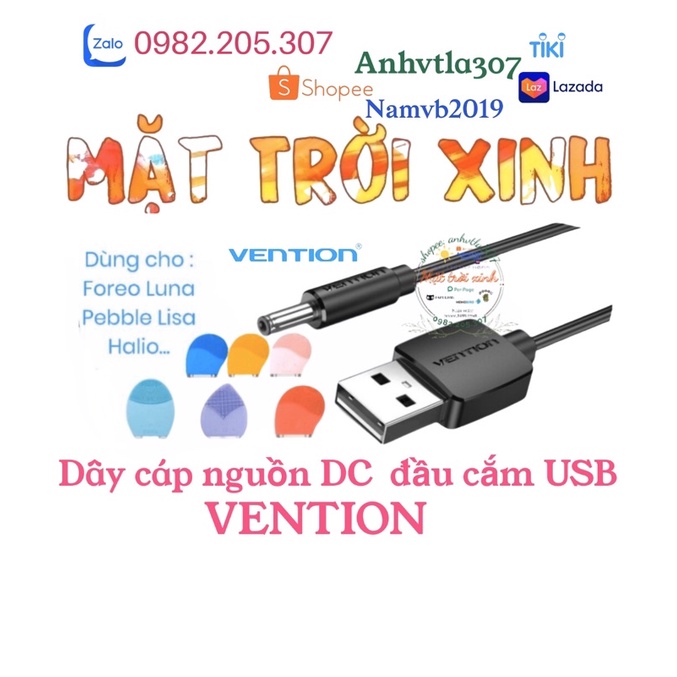 ★Chính hãng Vention★ Dây Cáp nguồn DC Đầu Cắm USB Sang 3.5*1.35mm ★ cho máy rửa mặt Foreo Luna ★ Pebble Lisa ★ Halio