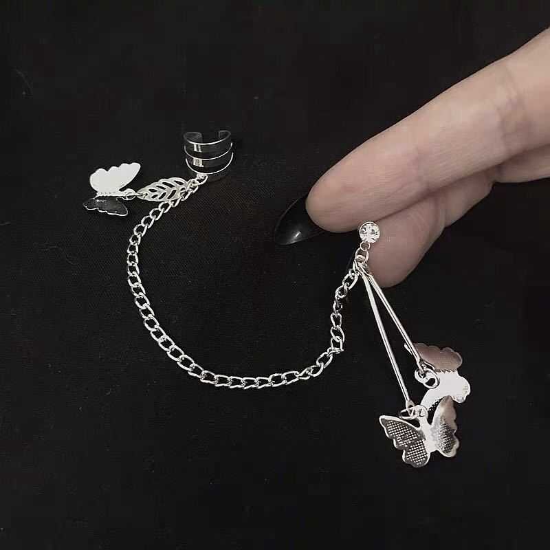 Khuyên tai xỏ lỗ và kẹp tai có dây chuỗi mặt hình bướm 2801