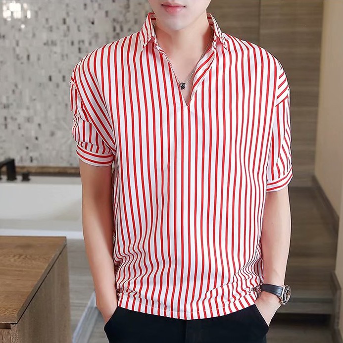 Áo sơ mi tay ngắn phối cúc kẻ sọc thời trang trẻ trung cho nam và nữ