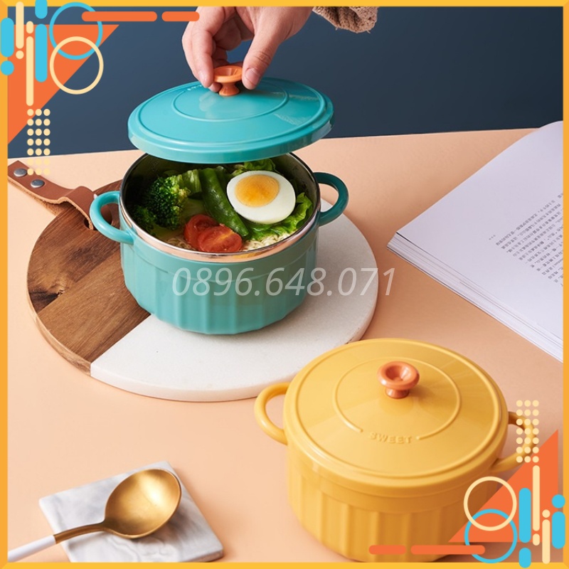 Bát Ăn Mì Có Nắp Cute Có Tay Cầm Inox Phong Cách Hàn Quốc Kèm Thìa, Bát Úp Mì Tôm Tiện Lợi Cực Xinh