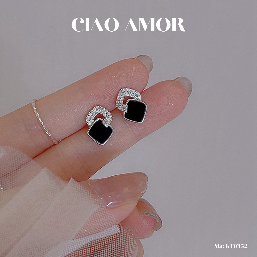 KT0452-Khuyên tai nữ, Bông tai nưc bạc 925 lớp vuông đen đính ngọc đơn giản thanh lịch Trang sức Ciao Amor