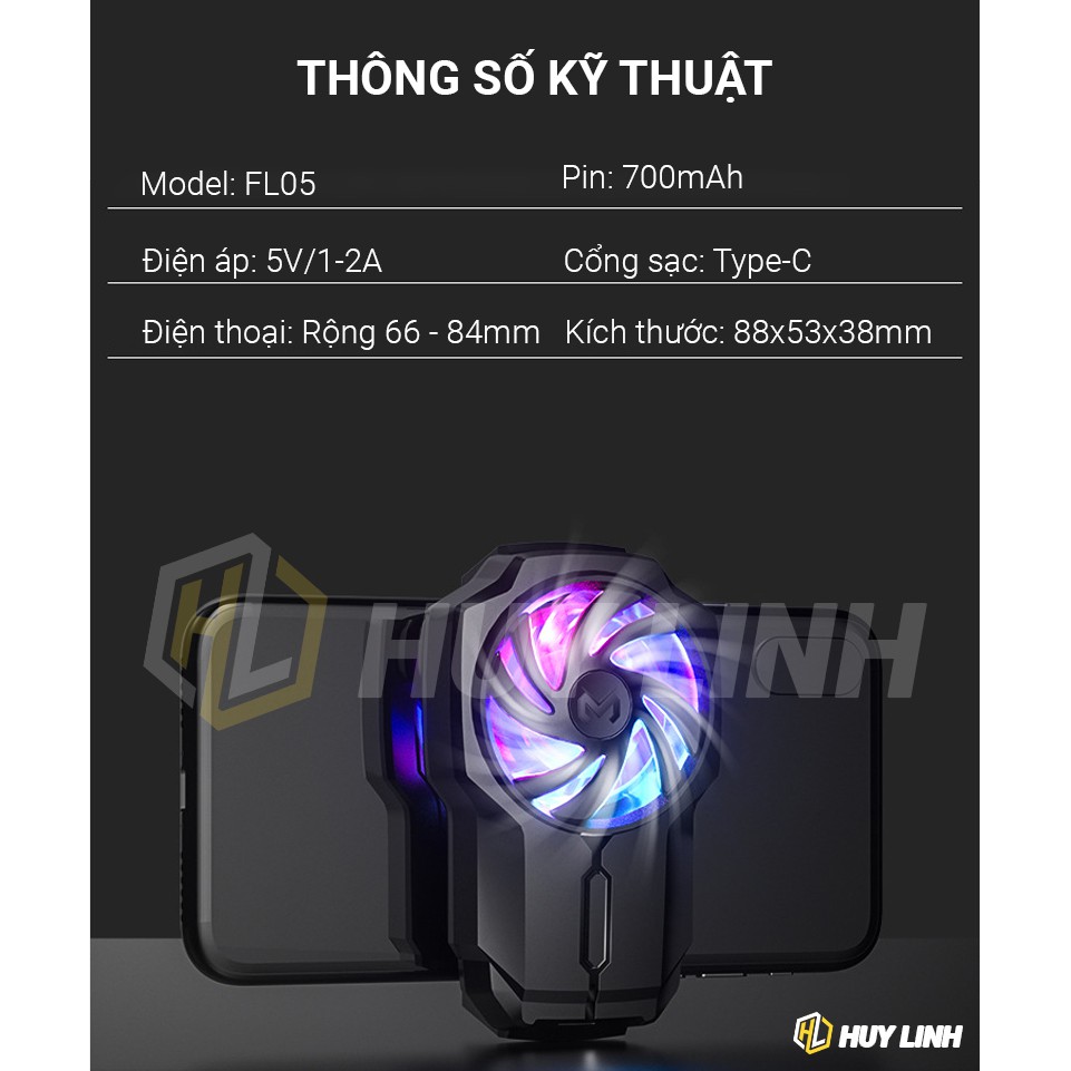 Quạt tản nhiệt cho điện thoai Memo FL05 LED RGB - Pin 700mAh tặng kèm găng tay cảm ứng