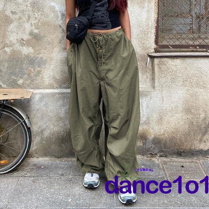 Dance1o1-Y2K Harajuku Women´s Solid Color Elastic Waist Tie-Up Side Pockets Loose Fit Trousers