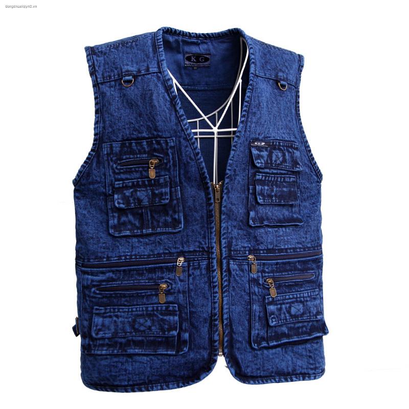 Áo khoác ghi lê denim nhiều túi dày dặn thời trang xuân thu cho đàn ông trung niên