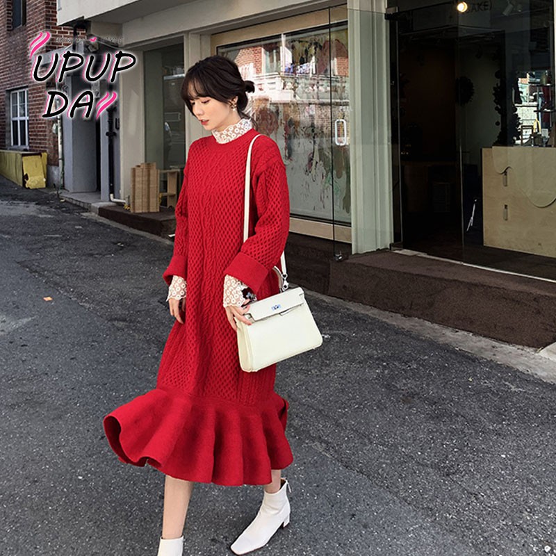 Đầm Sweater Đuôi Cá Màu Đỏ Phong Cách Hàn Quốc Cho Nữ