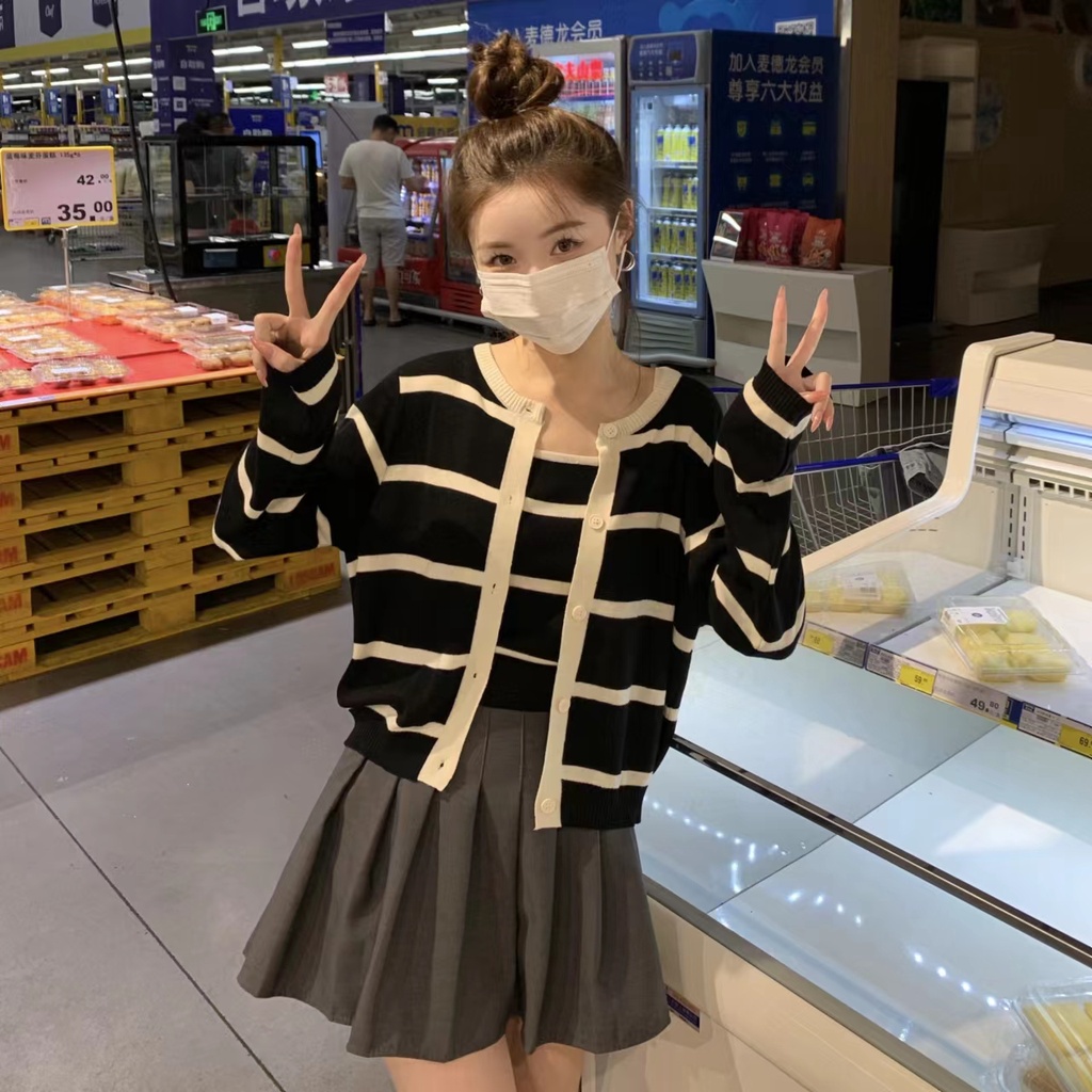 Áo cardigan ZHELIHANGFEI dệt kim lưng cao họa tiết kẻ sọc trẻ trung