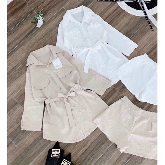 ( MIỄN PHÍ SHIP 2022) Set áo sơ mi dài form rộng tay dài phối quần đùi, quần short nữ, set tiểu thư đơn giản