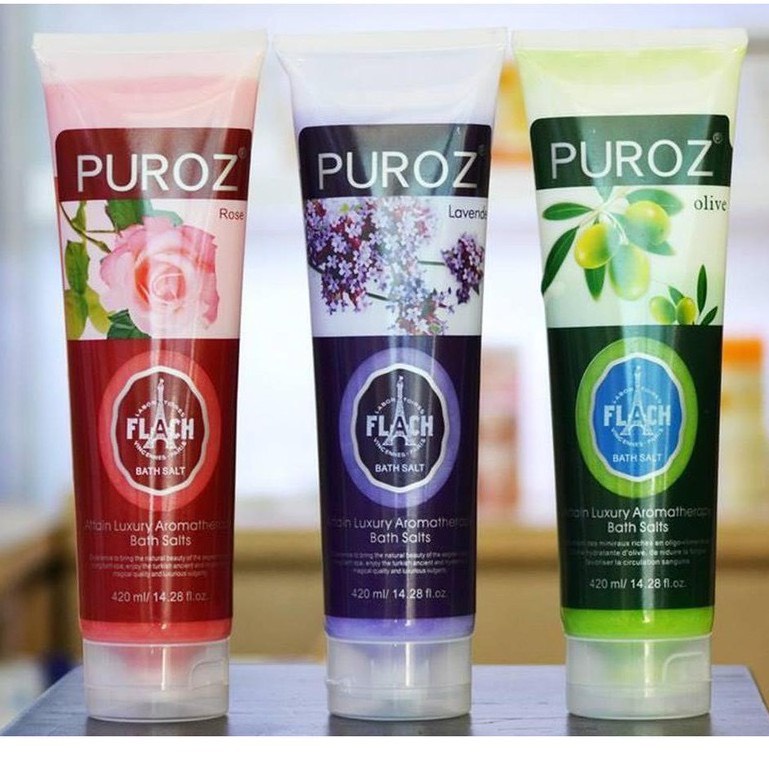 Muối tắm trắng da PUROZ, muối tắm tẩy tế bào chết body, chai 420ml