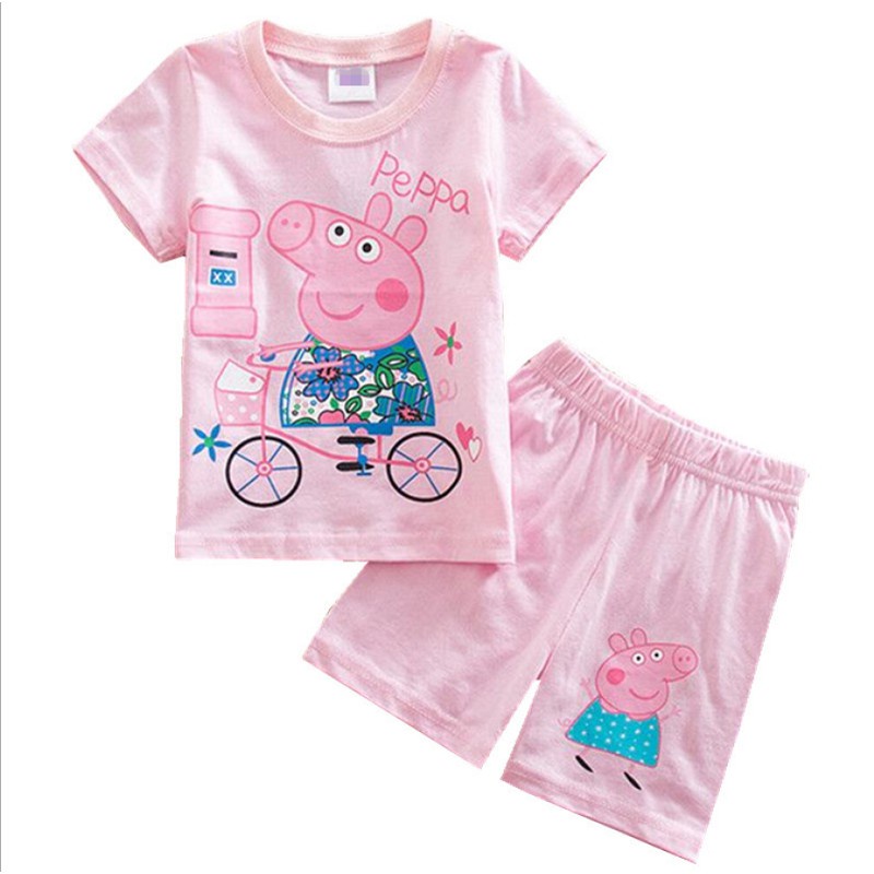 Bộ Đồ Ngủ 2 Món Áo Tay Ngắn + Quần Short In Hình Heo Peppa Dành Cho Bé Gái