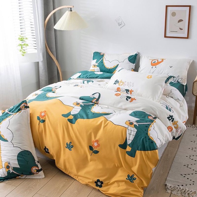 [Mã BMLT35 giảm đến 35K] Bộ chăn ga gối , coton poly Emmibedding họa tiết khủng long nghe nhạc đủ size miễn phí bo chun