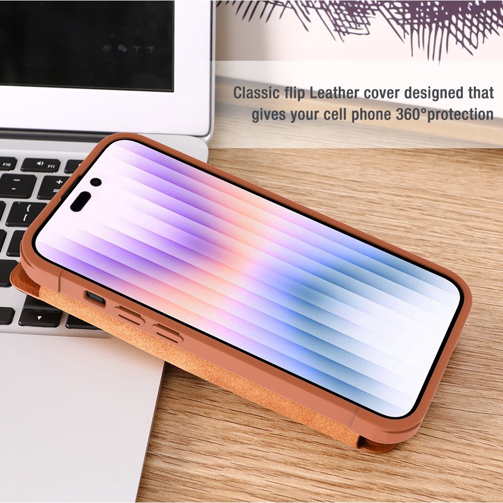 Ốp điện thoại NILLKIN bằng da nắp lật chống sốc kèm ngăn đựng thẻ thích hợp cho iPhone 14 Pro giá đỡ