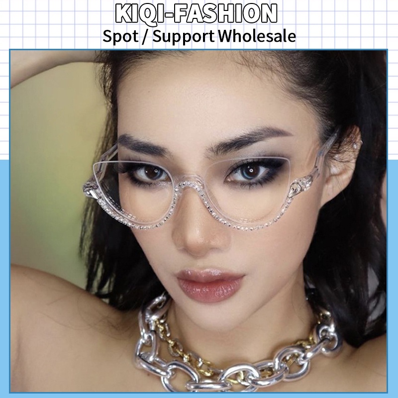 (KIQI-FASHION) COD Kính Nửa Gọng Đính Đá Chống Ánh Sáng Xanh Thời Trang Mới Cho Nữ