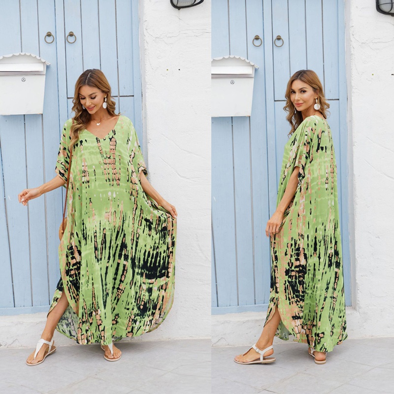 Xiangbao Áo Choàng Tắm Biển Dáng Dài Rộng Họa Tiết Sọc Nhuộm Màu Cho Nữ