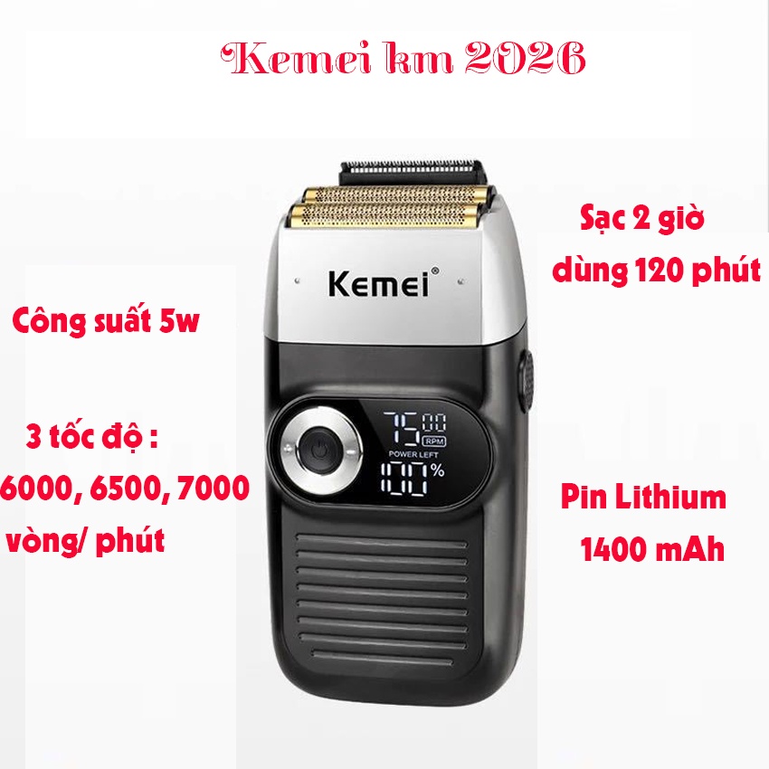 Máy cạo râu, cạo khô Kemei km- 2026 pin Lithium siêu bền, động cơ mạnh mẽ thiết kế chống ồn chạy rất êm mượt