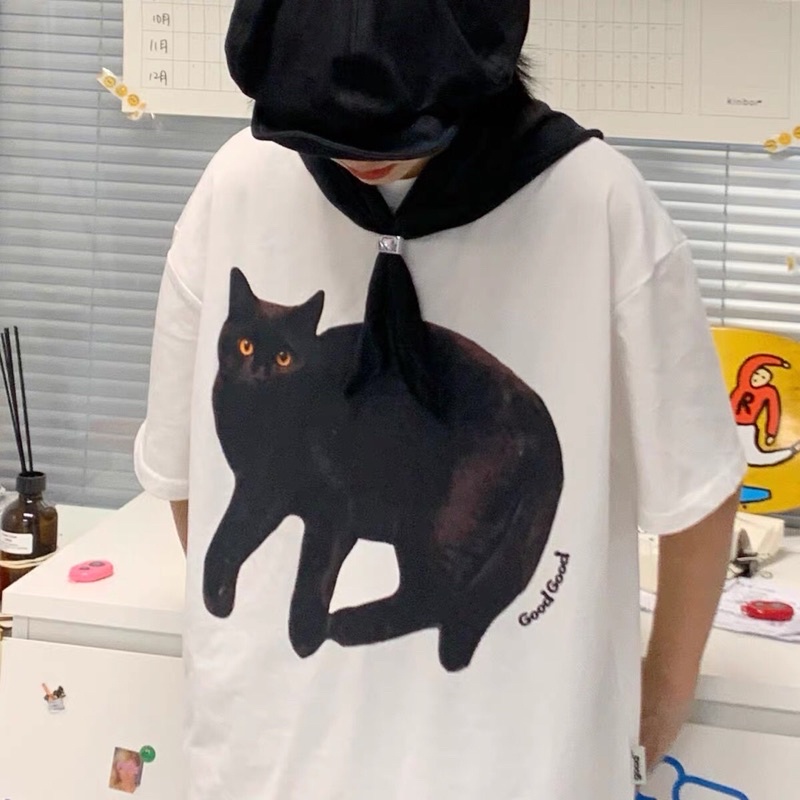 Áo phông unisex Black Cat phong cach Hàn Quốc màu trắng - A024