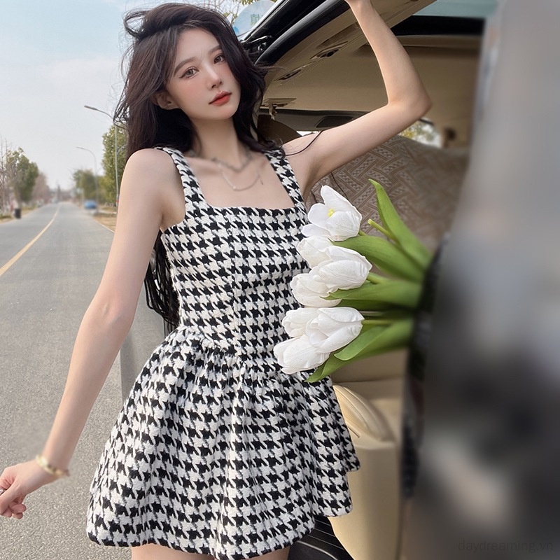 Đầm Ngắn Hai Dây Họa Tiết Houndstooth Thời Trang Mùa Hè Dành Cho Nữ