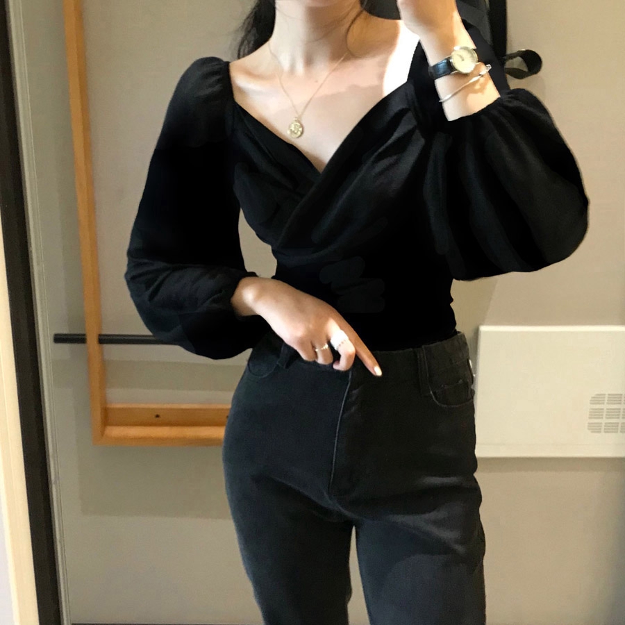 SUXI Áo kiểu cổ tim tay phồng phong cách Hàn Quốc thanh lịch dành cho nữ