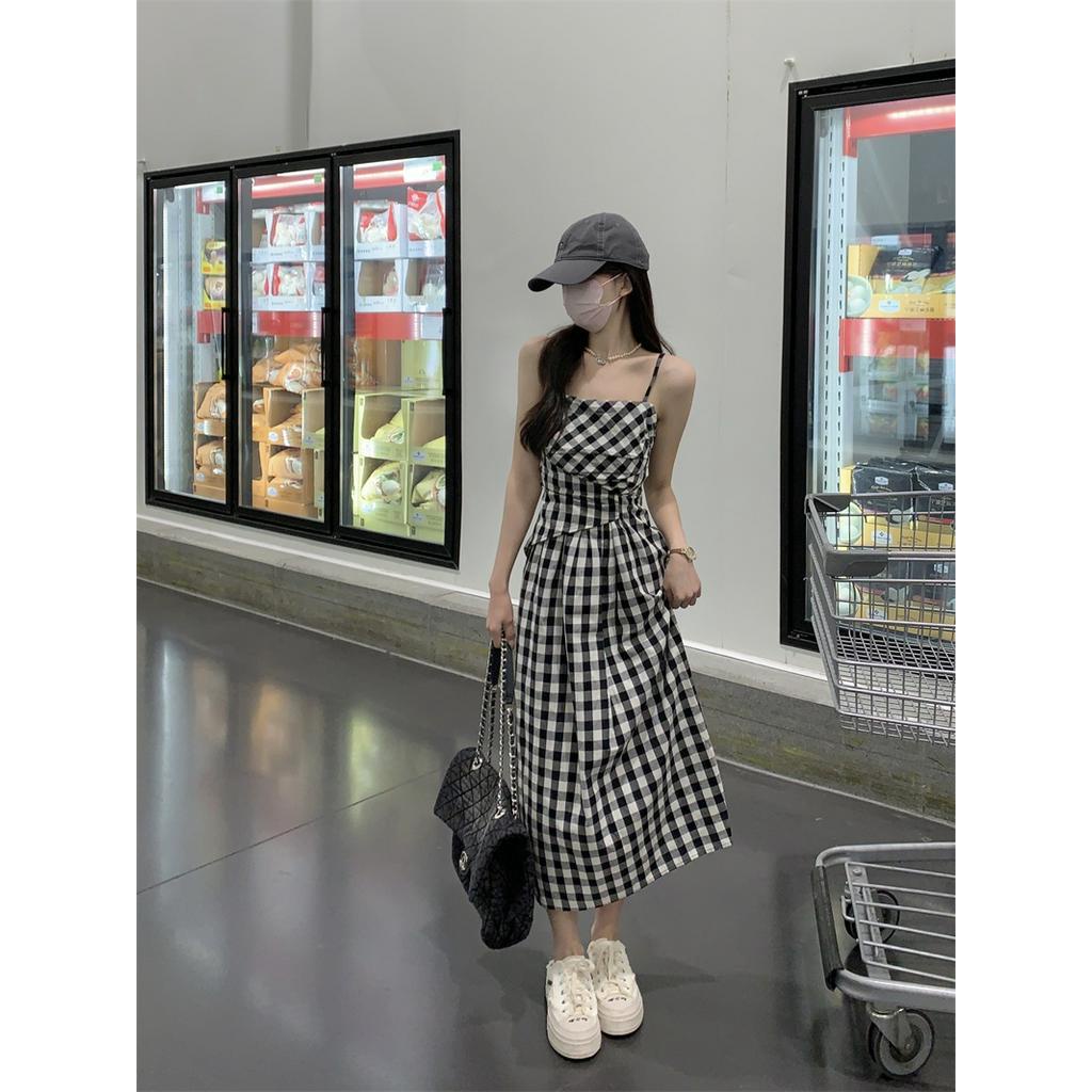 62917 Phong Cách Mới Đầm Hai Dây Kẻ Caro