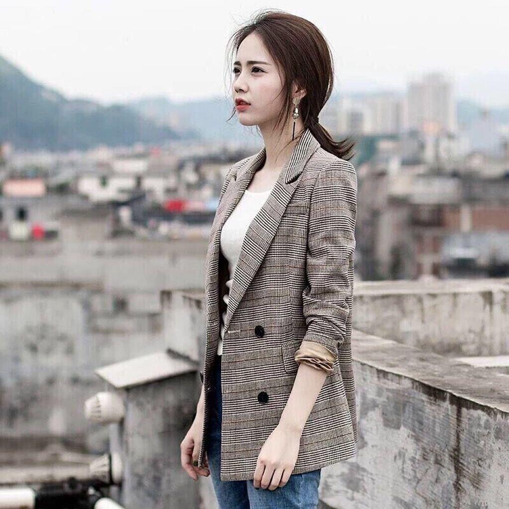 Áo khoác blazer tay dài kẻ sọc caro phong cách Hàn Quốc cho nữ