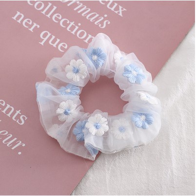 Dây cột tóc Scrunchies vải voan thêu hoạ tiết hoa cúc