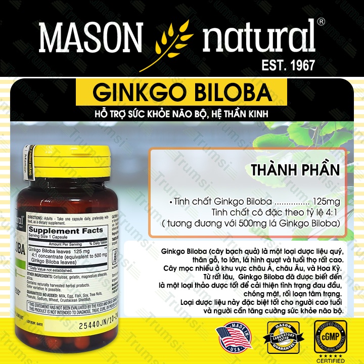 Viên uống bổ não Mason Natural Ginkgo Biloba 125mg giảm đau đầu chóng mặt hỗ trợ tăng cường trí nhớ tăng tuần hoàn máu