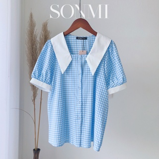 Áo Sơ Mi SONMI Kẻ Caro Nữ Cộc Tay Cổ Hải Quân LOU ODETTE