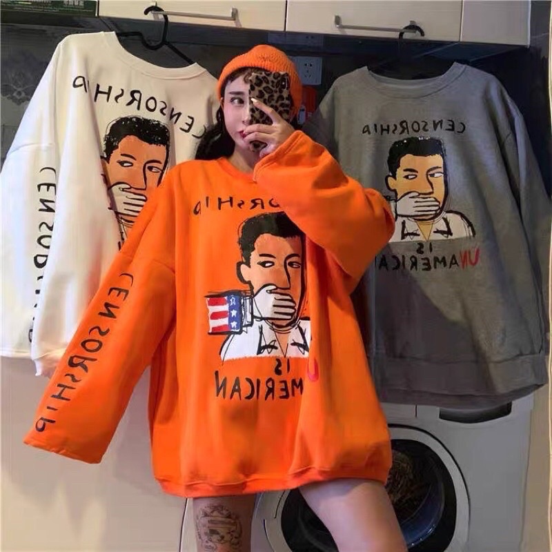 :Sweater nỉ cổ tròn hình người full chữ full màu (ảnh thật)