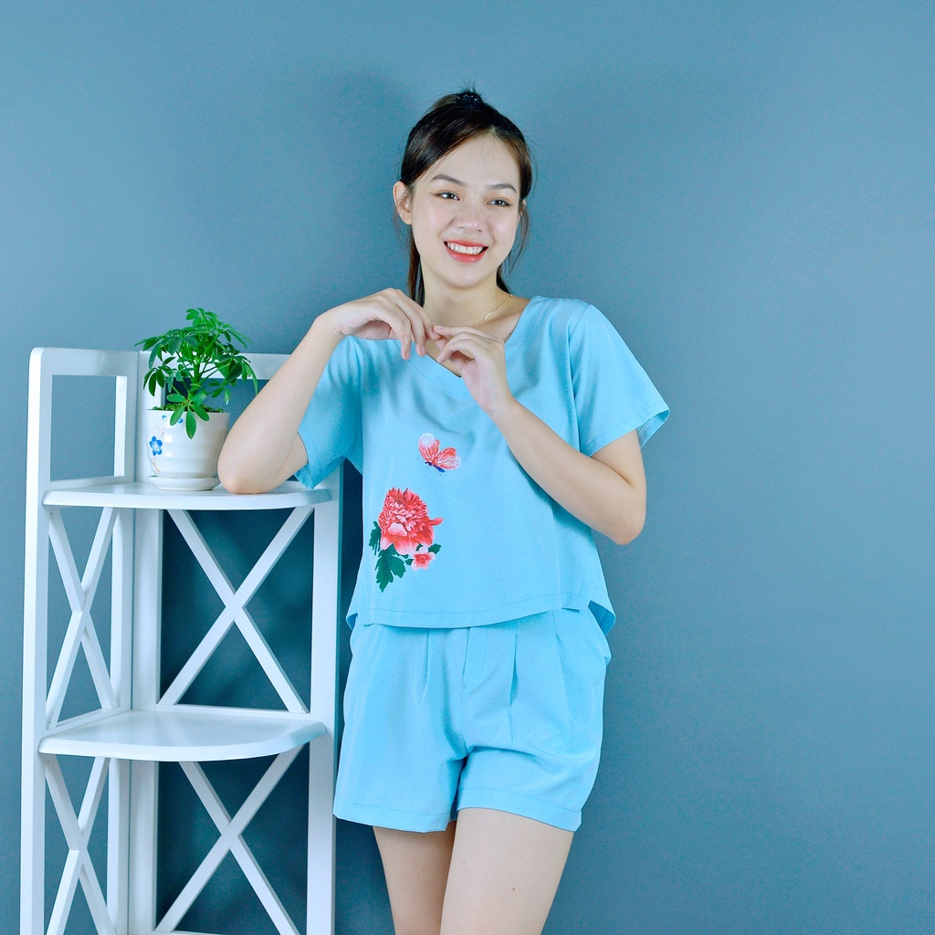 Bộ đồ nữ MÀU XANH NGỌC IN HOA CỰC XINH  - vải lụa cao cấp - Lịch sự - Quý phái